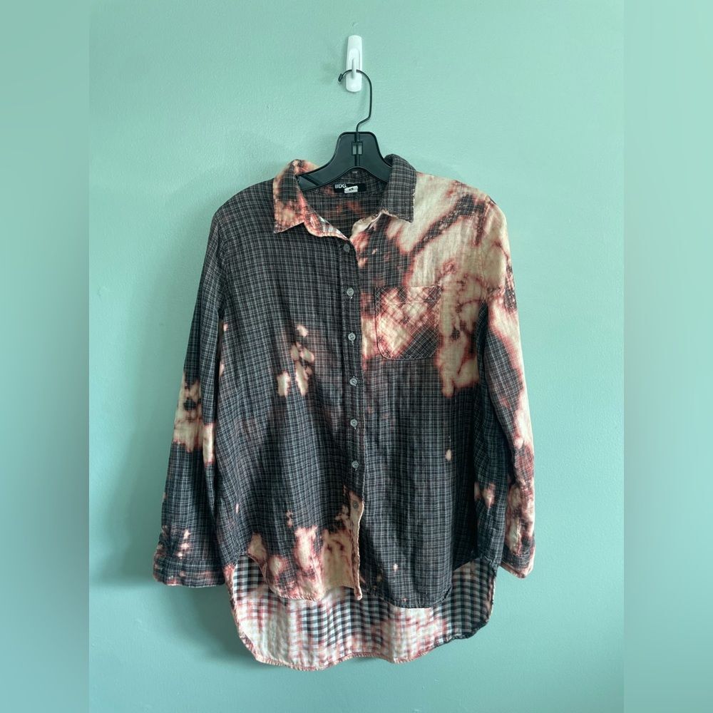 BDG Bleach Burnout Handmade Black and Orange Casual Button Down Shirt Sz XS